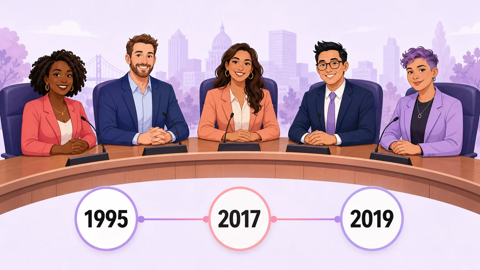 Five-seat Palm Springs city council with 1995, 2017 and 2019 milestones