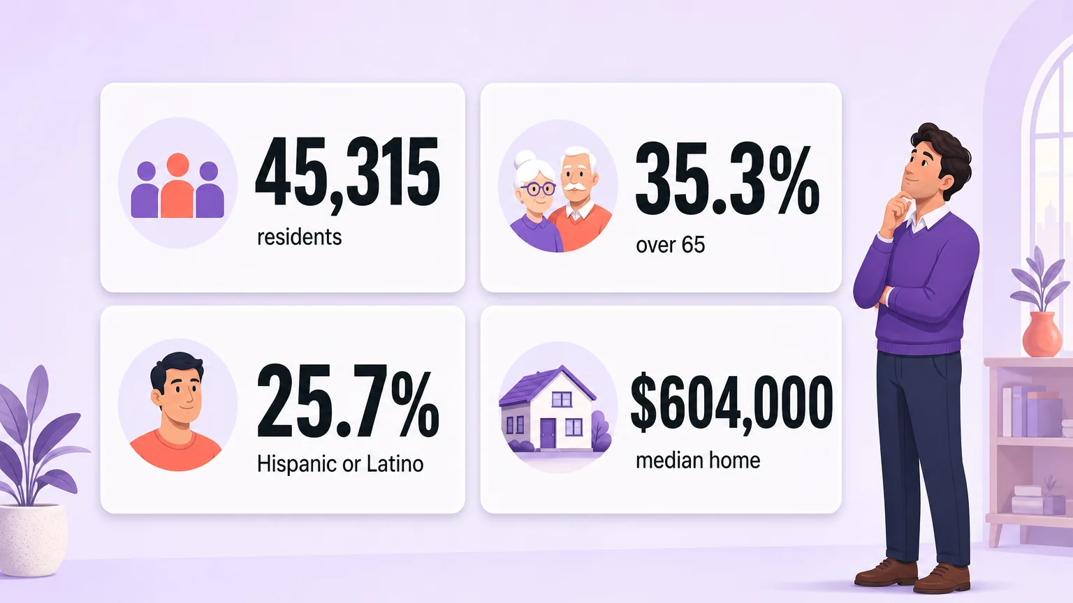 Census data cards for Palm Springs population, age and home value