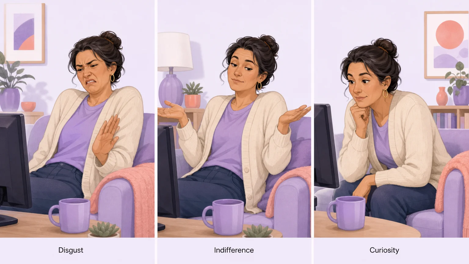 A parent reacting with disgust, indifference, and curiosity