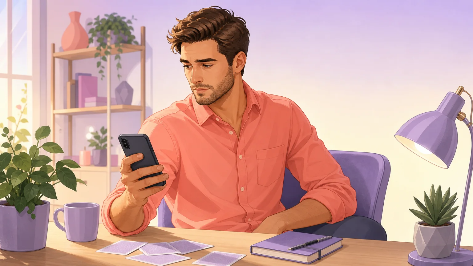 A man at a desk looking cautiously at his phone while choosing a profile photo