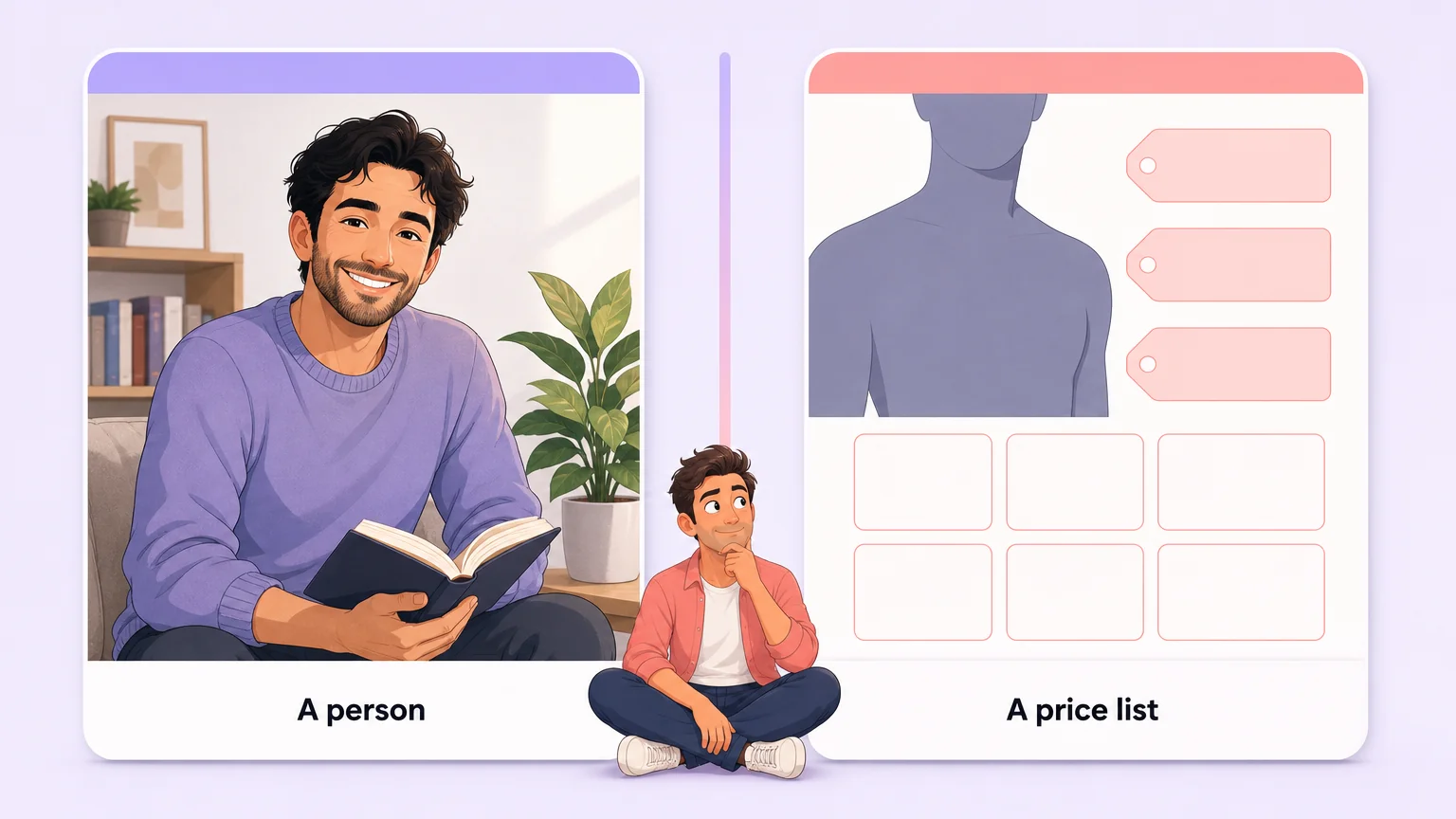 Two profile cards comparing a person with a price list