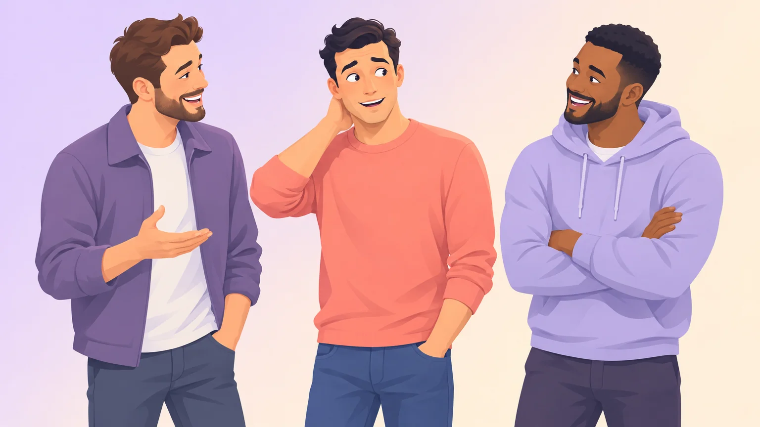 Three adult men talking, one looking taken aback as a body-type label lands unexpectedly