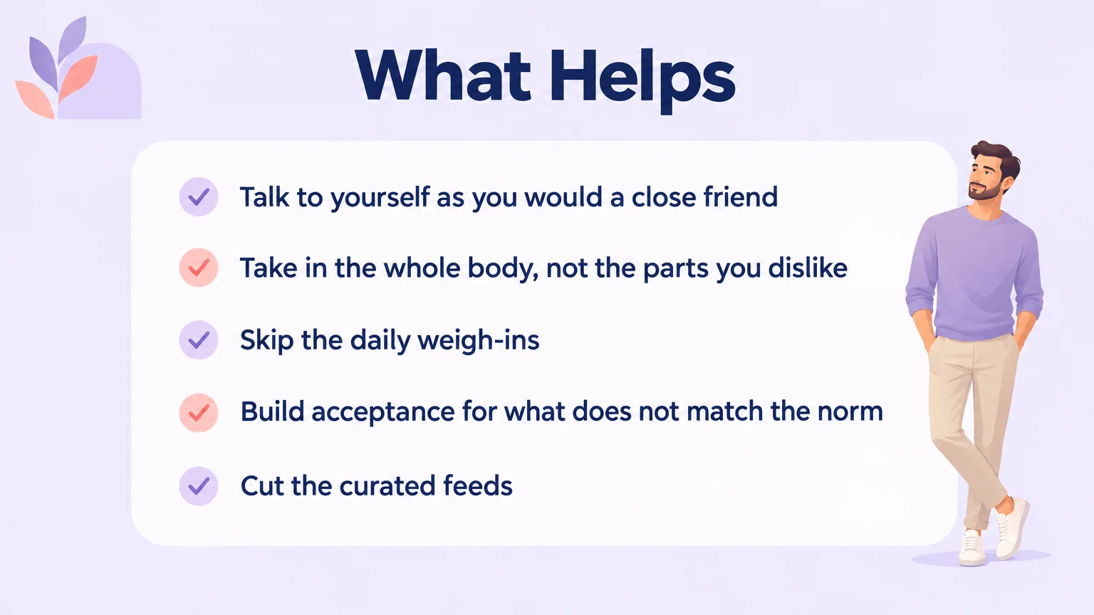 Checklist card titled What Helps, listing five self-compassion practices