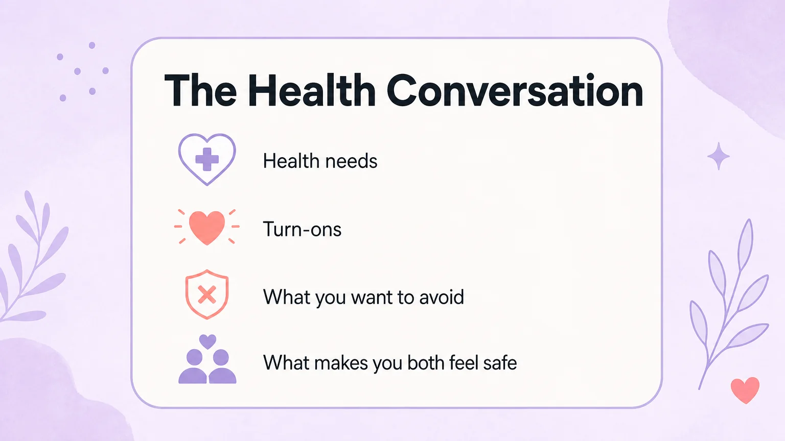 The health conversation checklist: health needs, turn-ons, what you want to avoid, and what makes you both feel safe