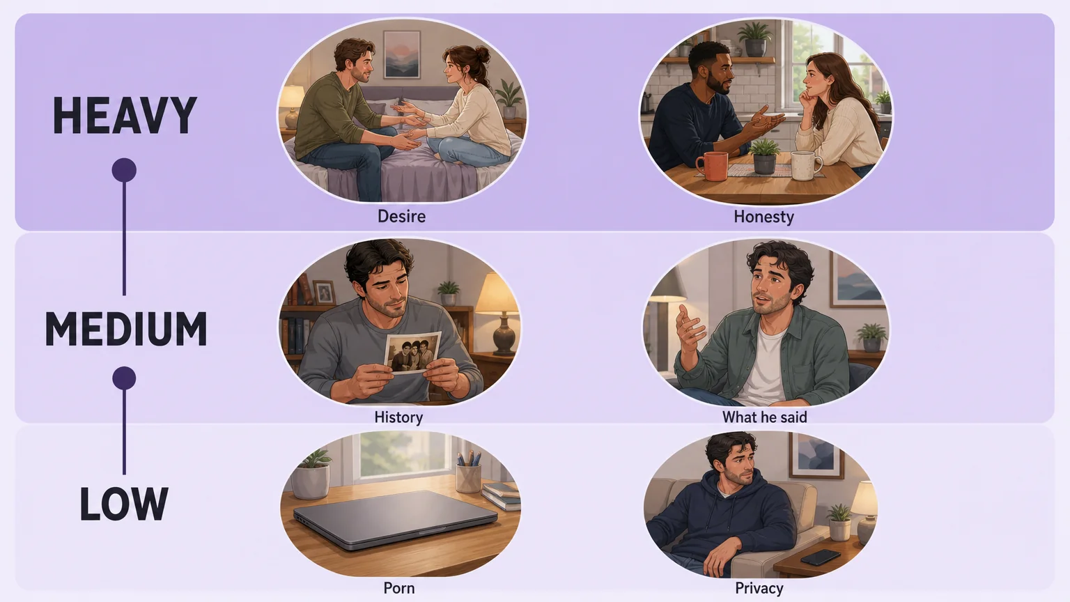 Six signals ranked heavy, medium and low: desire, honesty, history, what he said, porn, privacy