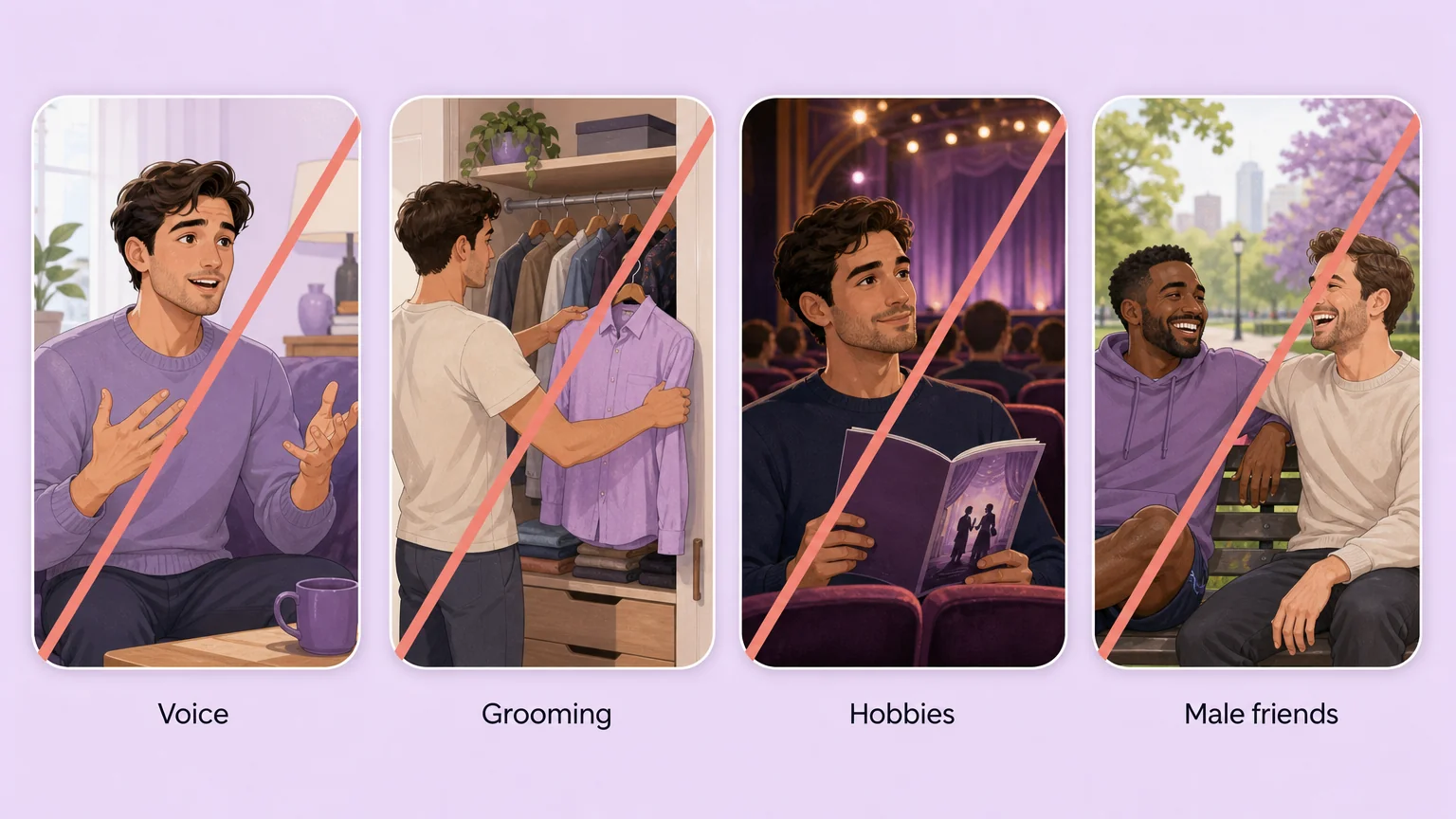 Four common but unreliable signals crossed out: voice, grooming, hobbies, male friends