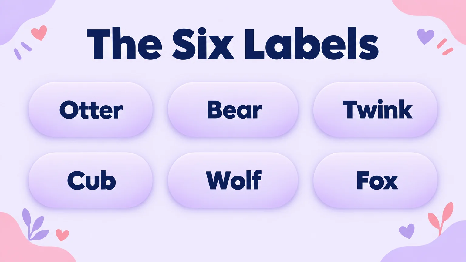 The six gay body-type labels compared: otter, bear, twink, cub, wolf and fox