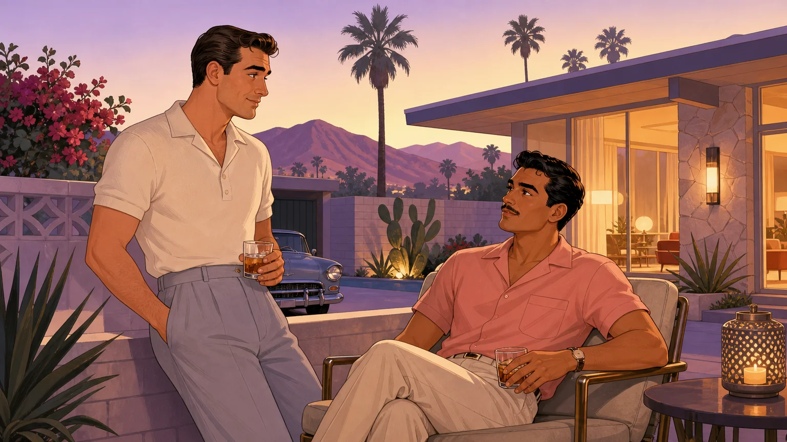 Two men talking in a walled midcentury courtyard at dusk
