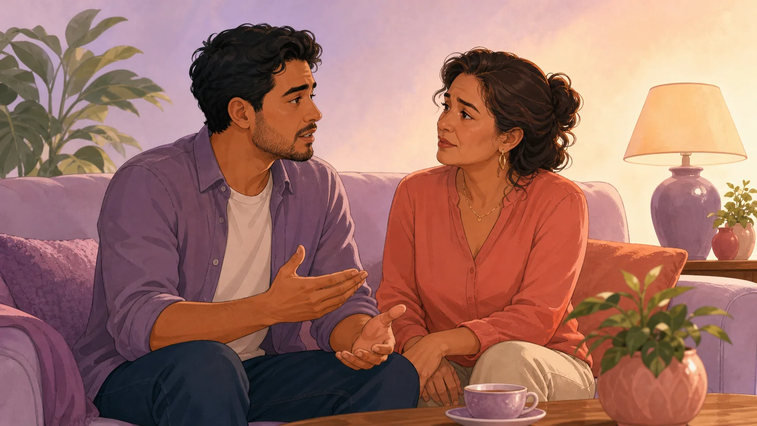 An adult gay man talking with his mother on a couch