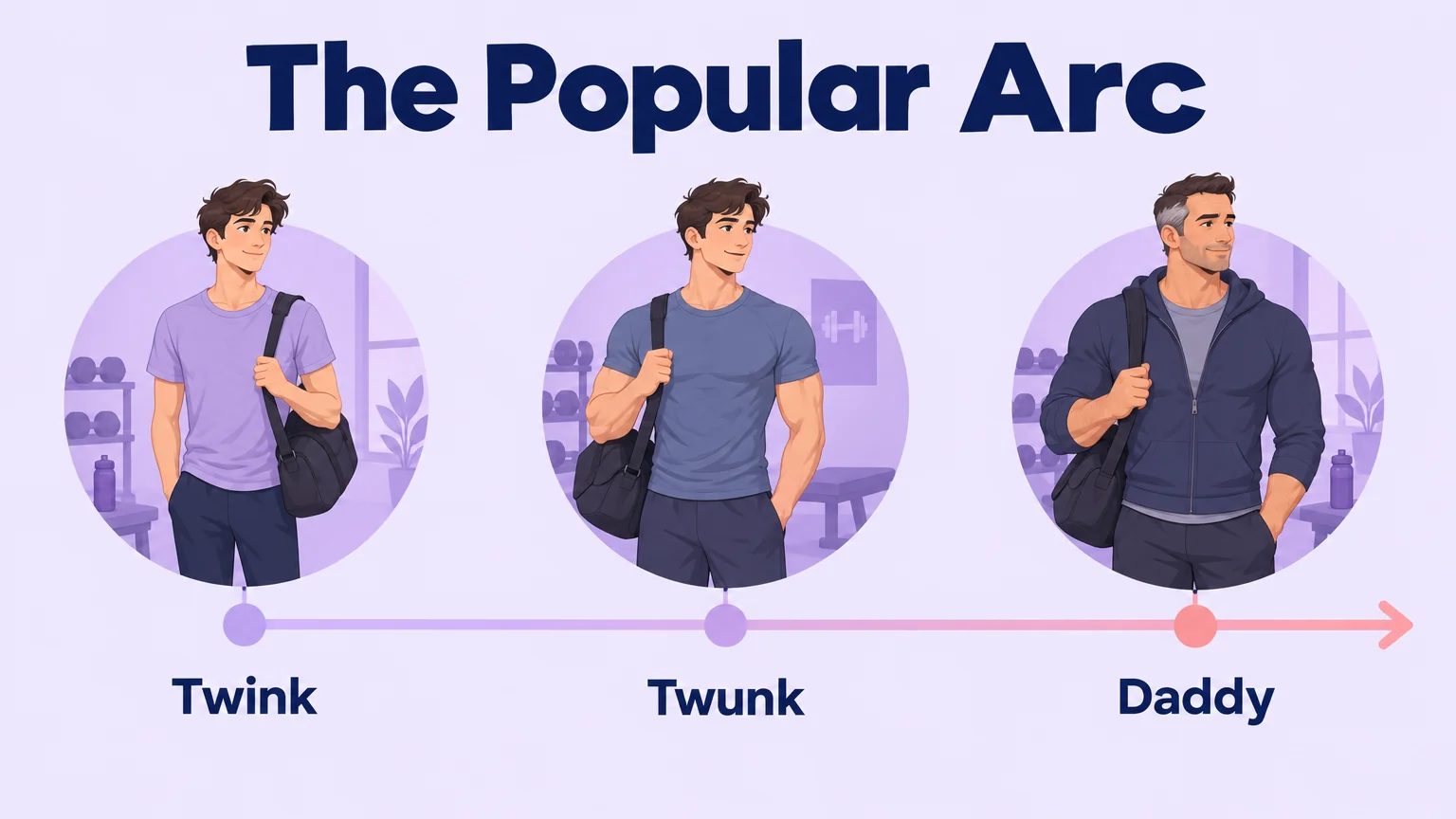 Timeline of the popular twink to twunk to daddy arc across three adult life stages