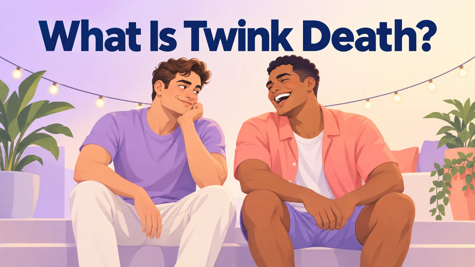 Two men laughing together at a party beneath the title What Is Twink Death?