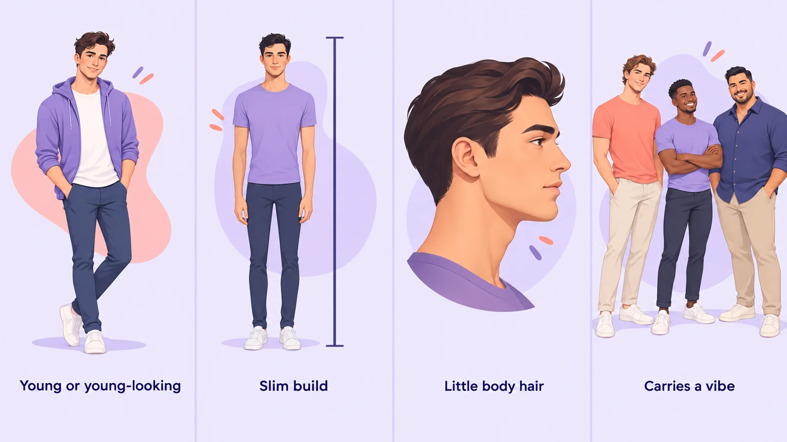 Four panels showing what defines a twink: young or young-looking, slim build, little body hair, and a vibe rather than a measurement