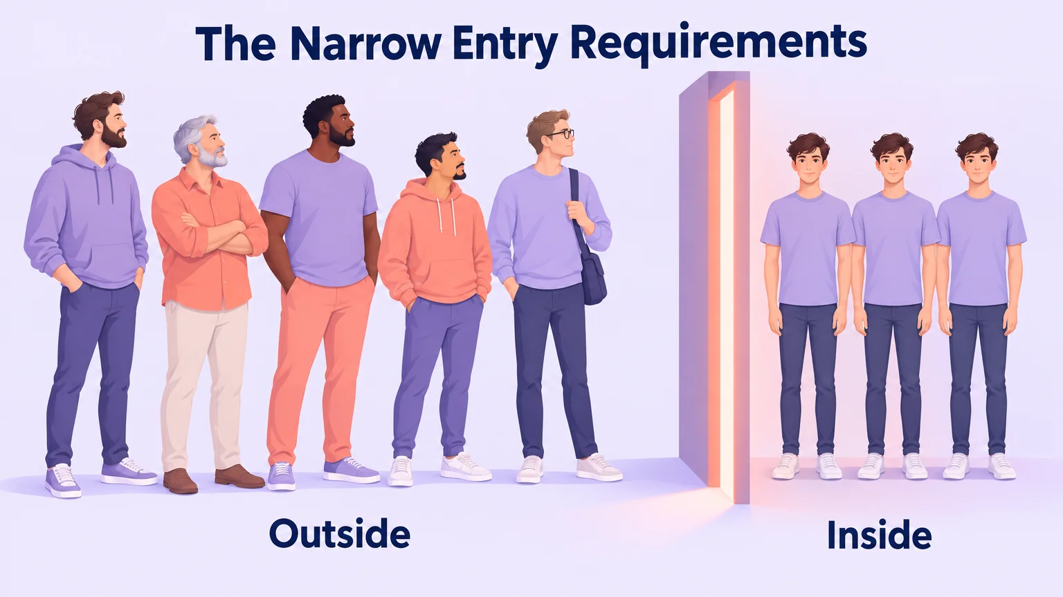 A varied group of men standing outside a narrow doorway, and three near-identical slim young men inside it