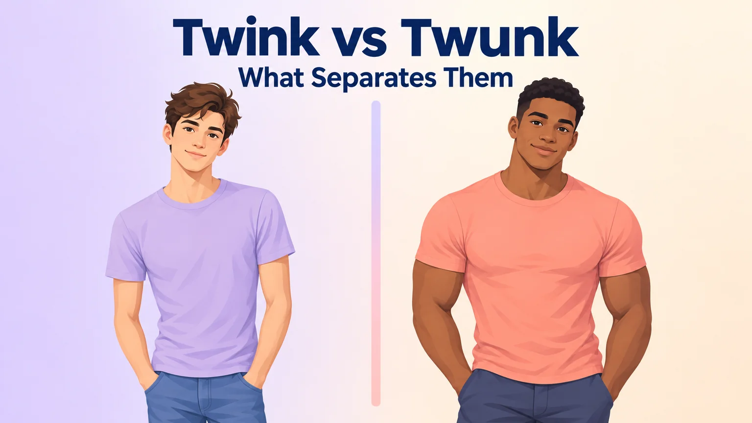 Twink vs Twunk: What Separates Them cover illustration showing a slim man and a muscular man standing side by side