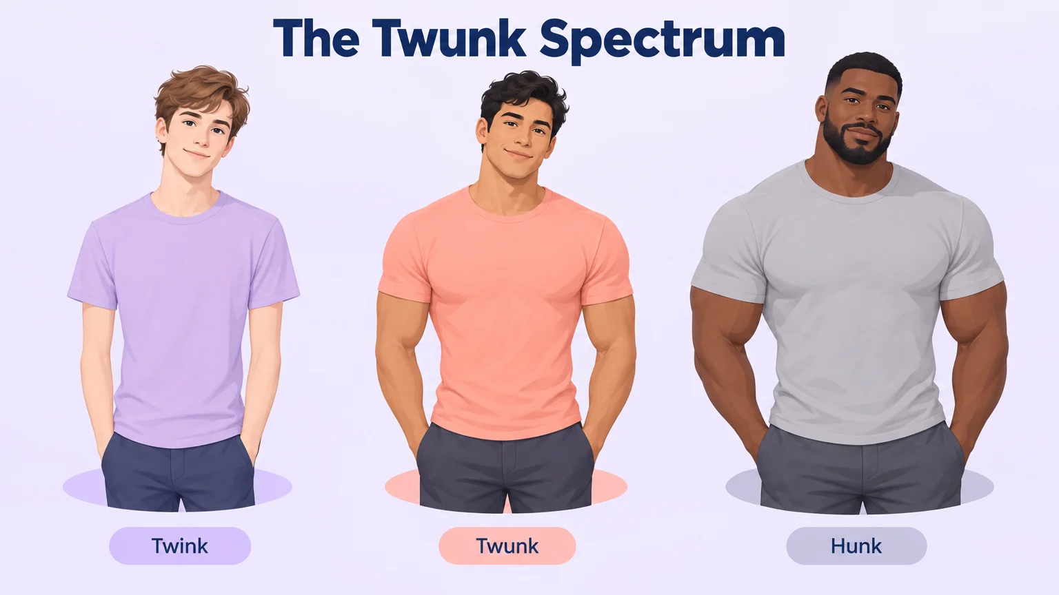 Illustration comparing three male builds labelled Twink, Twunk and Hunk
