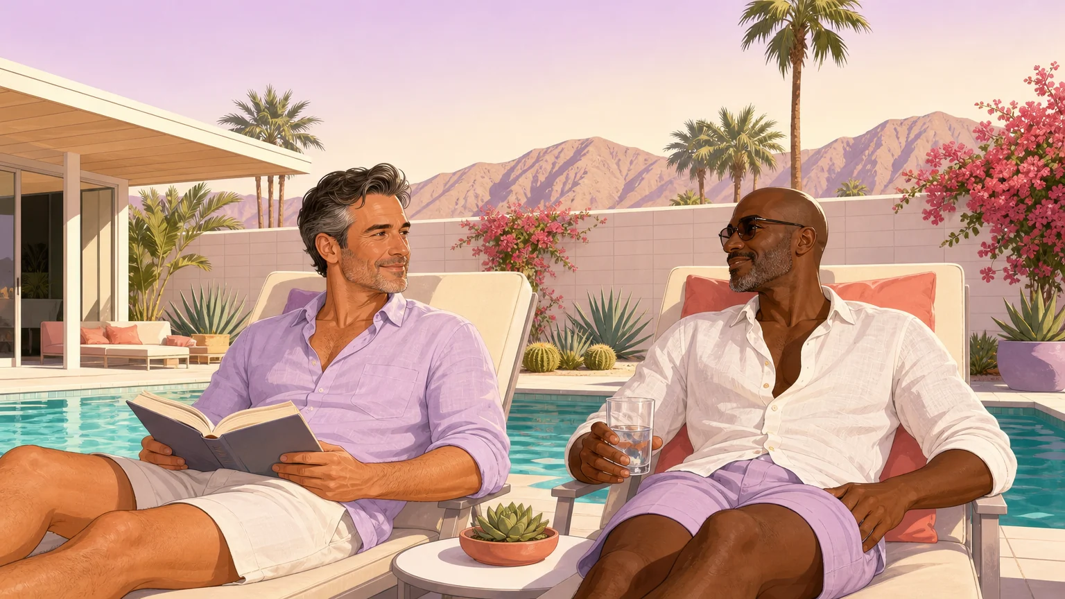 Two men relaxing by the pool at a walled Warm Sands resort