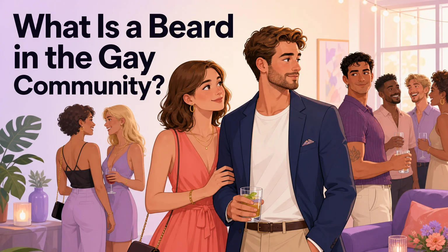 Party scene illustrating what a beard means in the gay community, with a man and a woman presenting as a couple while his attention drifts across the room