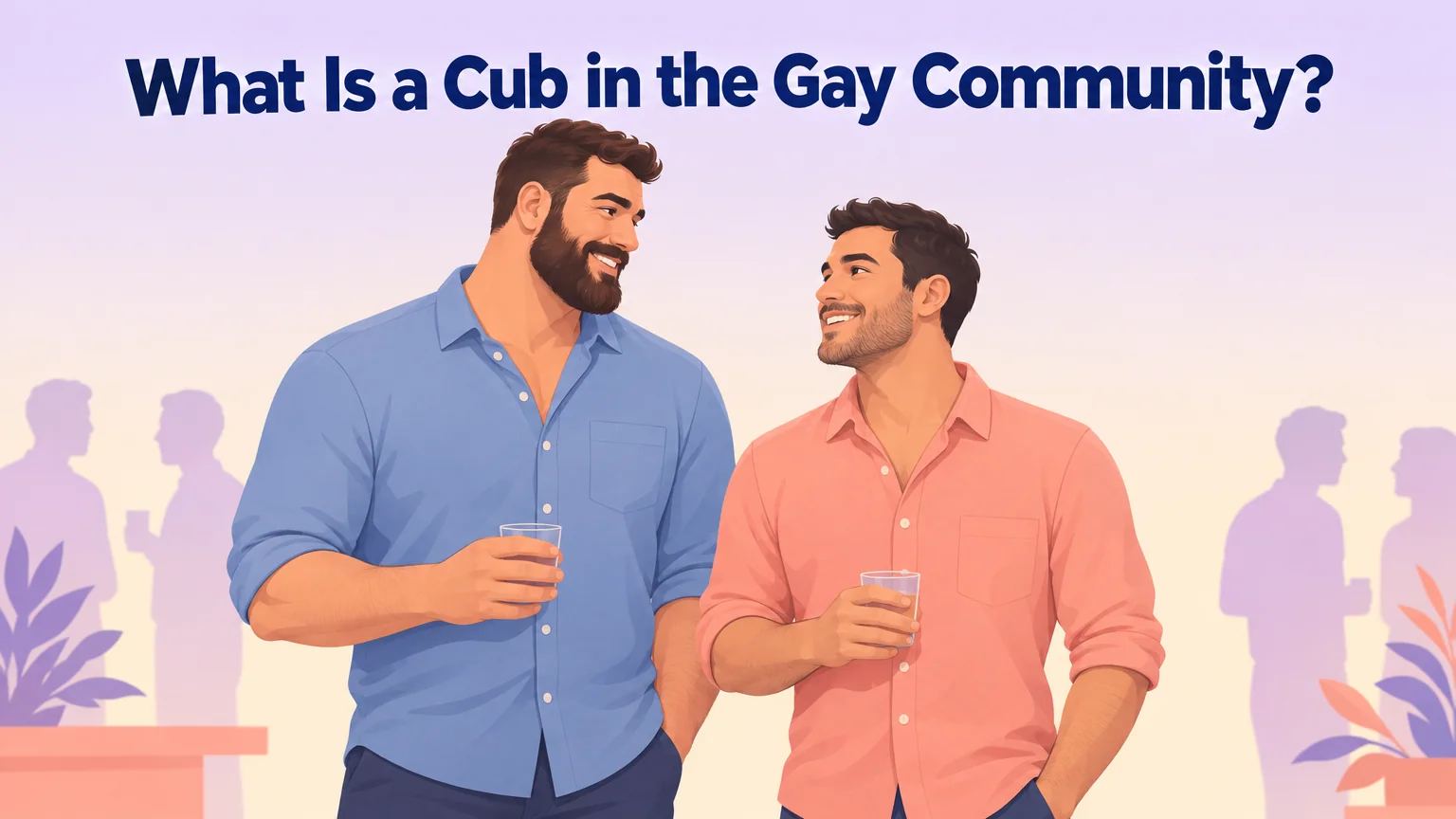 Two adult men in casual shirts talking at a relaxed social gathering