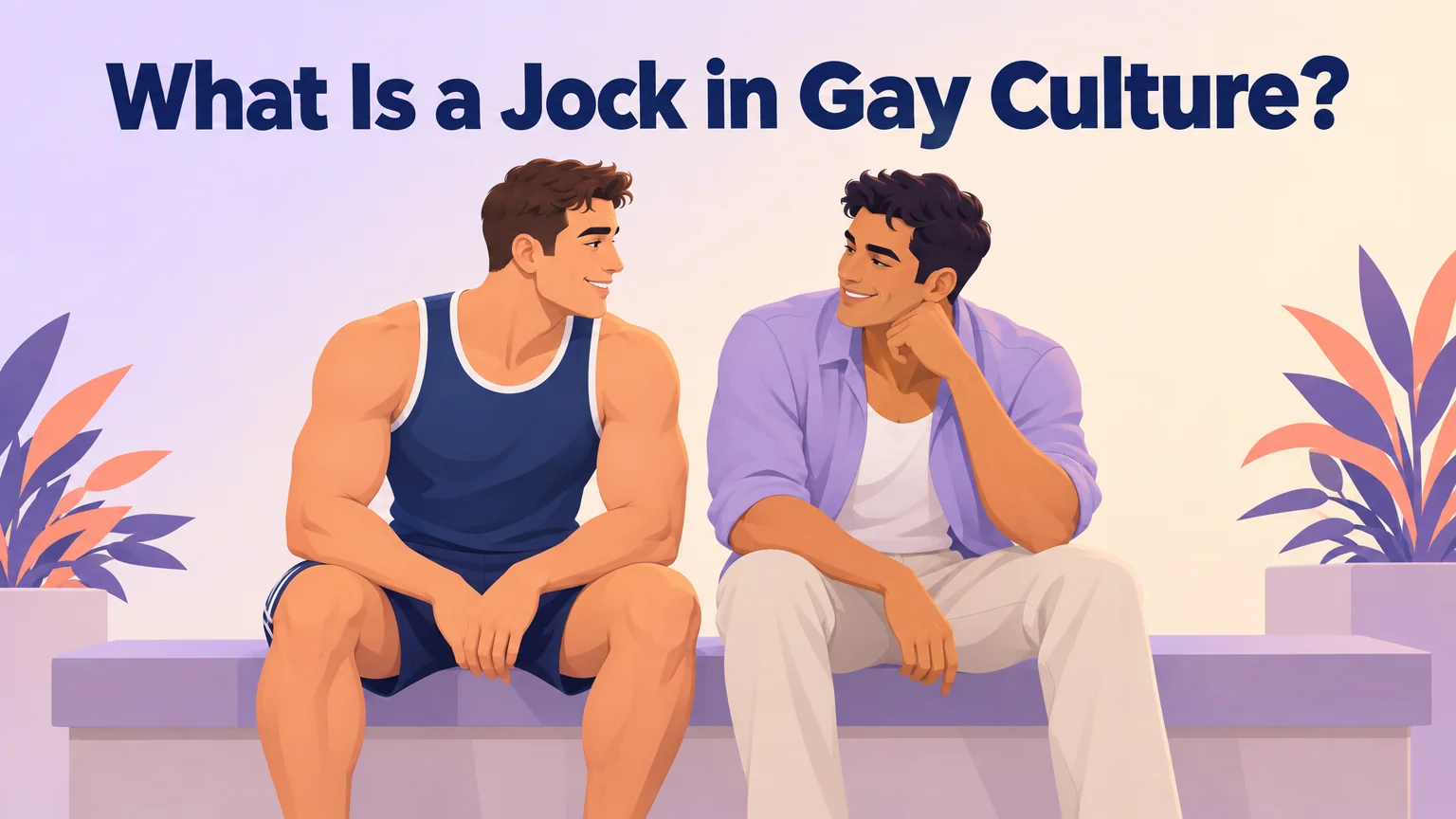 Illustration of two men talking on a bench, titled What Is a Jock in Gay Culture?