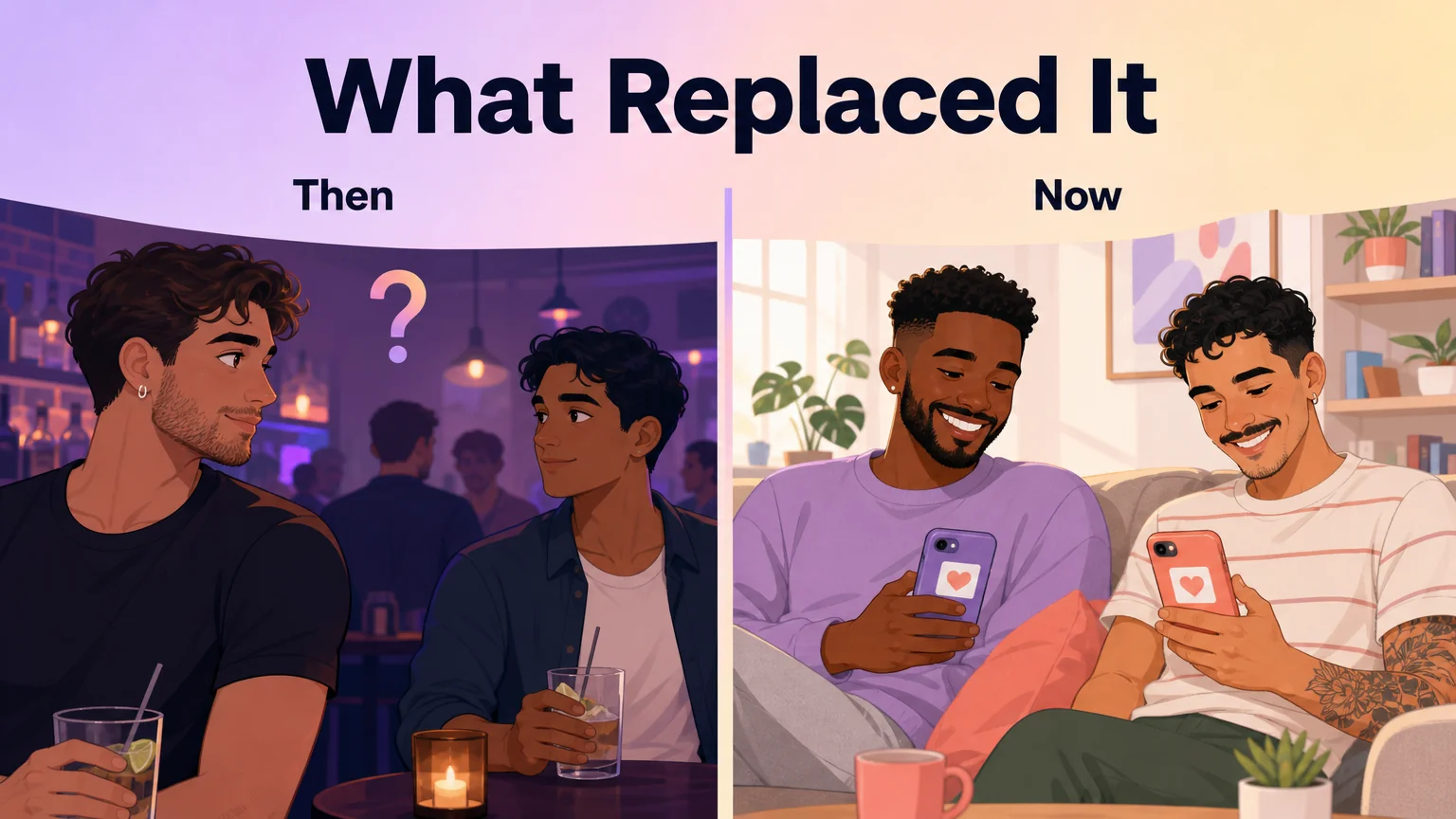 Then-and-now comparison: two men exchanging a glance in a dim bar, beside two men at home smiling at a match on their phones