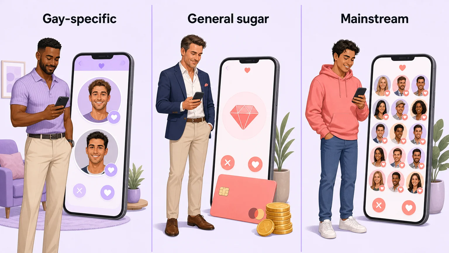 Three panels comparing gay-specific, general sugar, and mainstream dating platforms