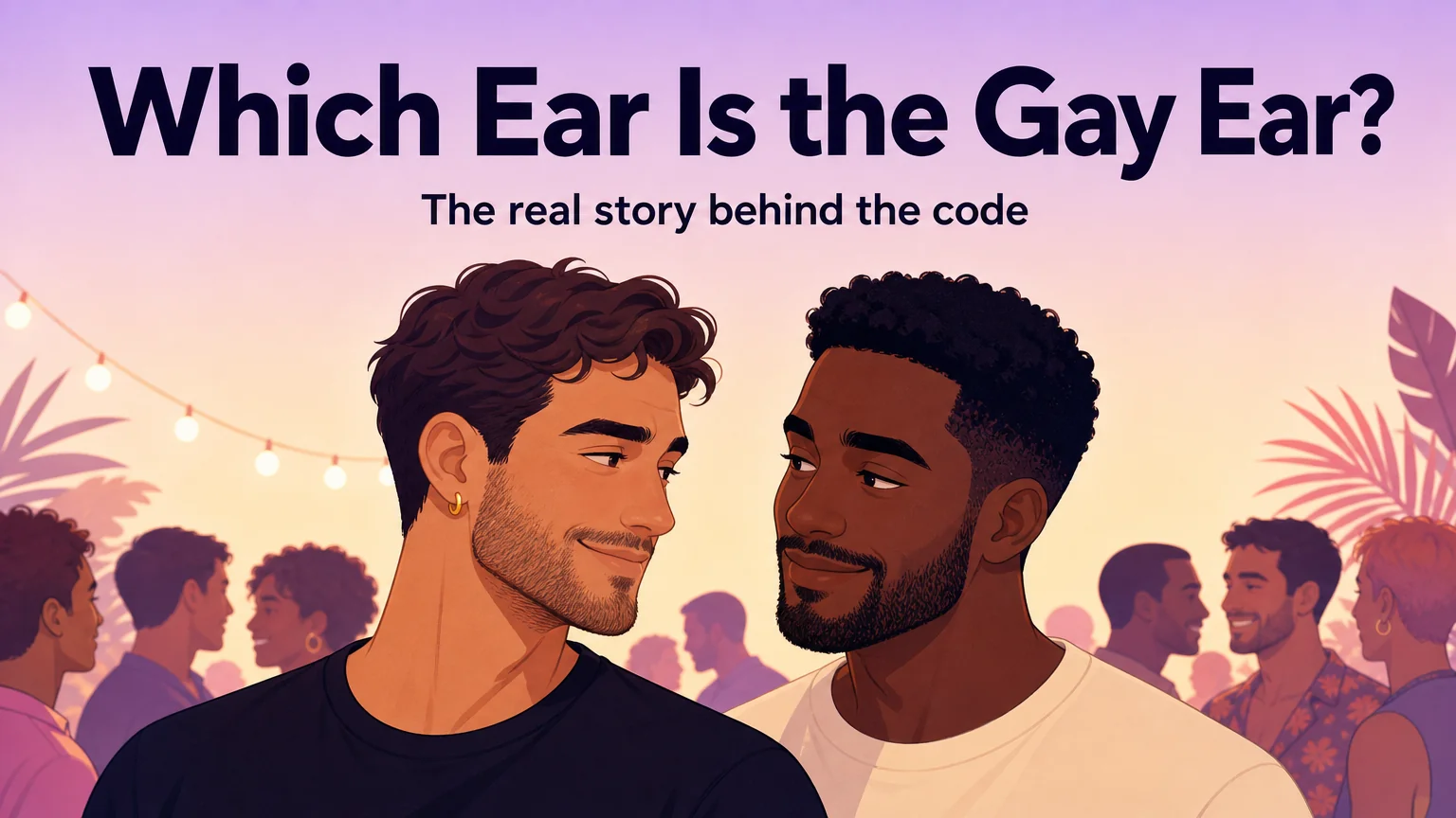 Cover illustration: the article title above two men talking at a party, one wearing a single right-ear hoop