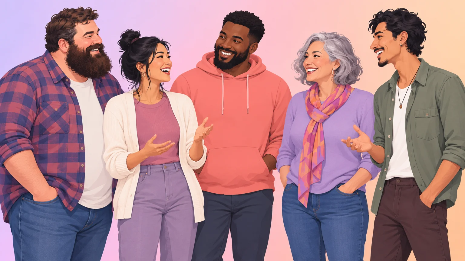 A varied group of five adults of different ages, ethnicities and body types talking together, nobody excluded